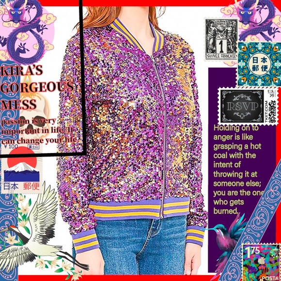 💜BNWT💜BOMBER JACKET💜SEQUINED💜PURPLE/YELLOW💜 - Picture 2 of 2